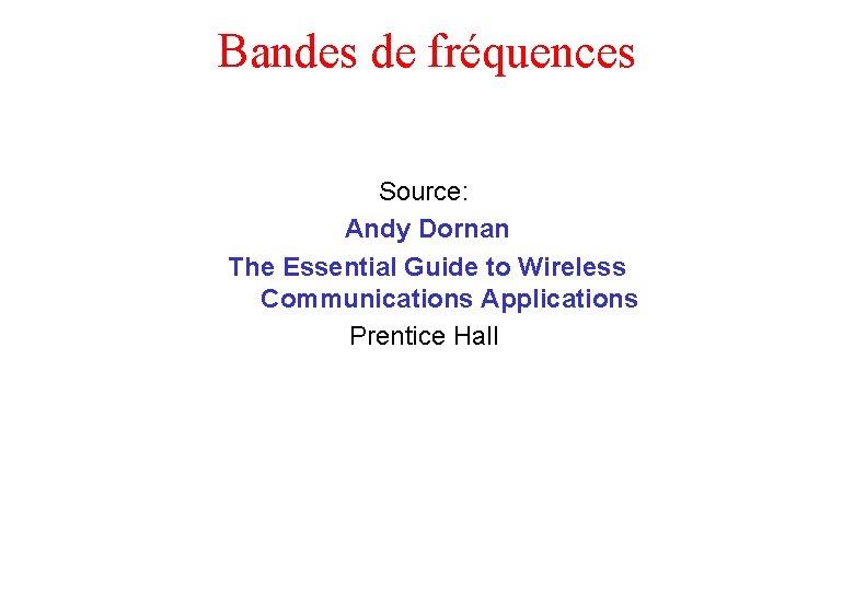Bandes de fréquences Source: Andy Dornan The Essential Guide to Wireless Communications Applications Prentice