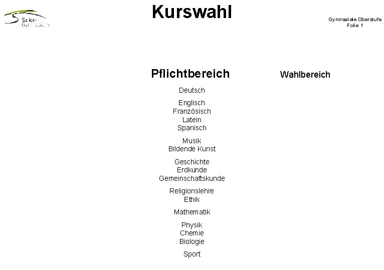 Kurswahl Pflichtbereich Deutsch Englisch Französisch Latein Spanisch Musik Bildende Kunst Geschichte Erdkunde Gemeinschaftskunde Religionslehre