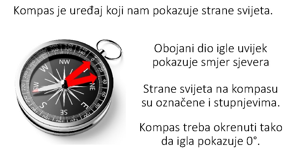 Kompas je uređaj koji nam pokazuje strane svijeta. Obojani dio igle uvijek pokazuje smjer