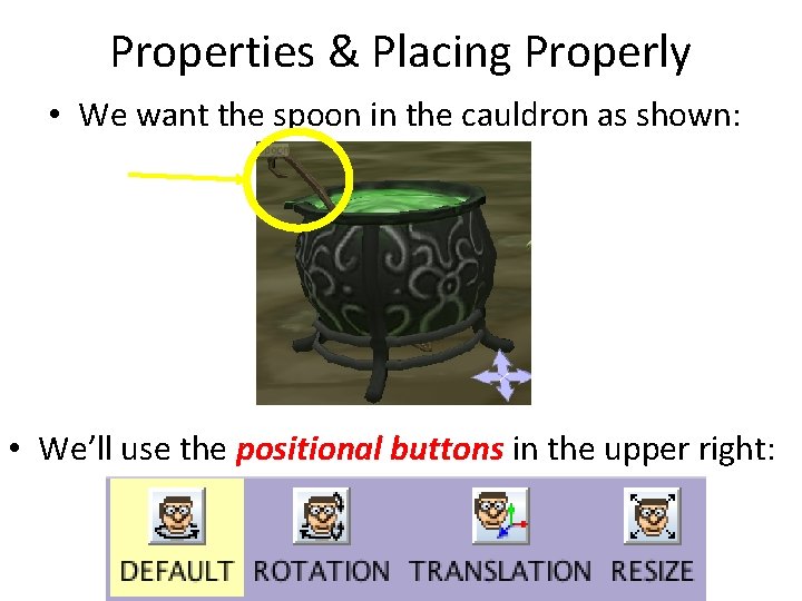Properties & Placing Properly • We want the spoon in the cauldron as shown: