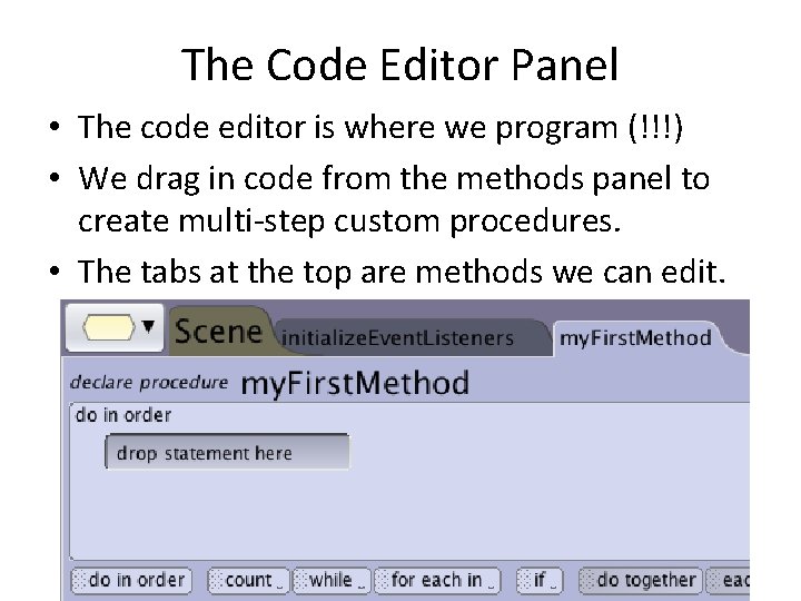 The Code Editor Panel • The code editor is where we program (!!!) •