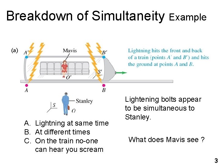 Breakdown of Simultaneity Example A. Lightning at same time B. At different times C.