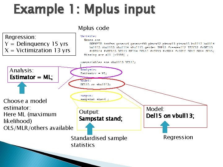 Example 1: Mplus input Mplus code Regression: Y = Delinquency 15 yrs X =