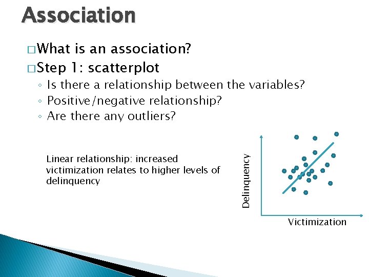 Association � What is an association? � Step 1: scatterplot Linear relationship: increased victimization