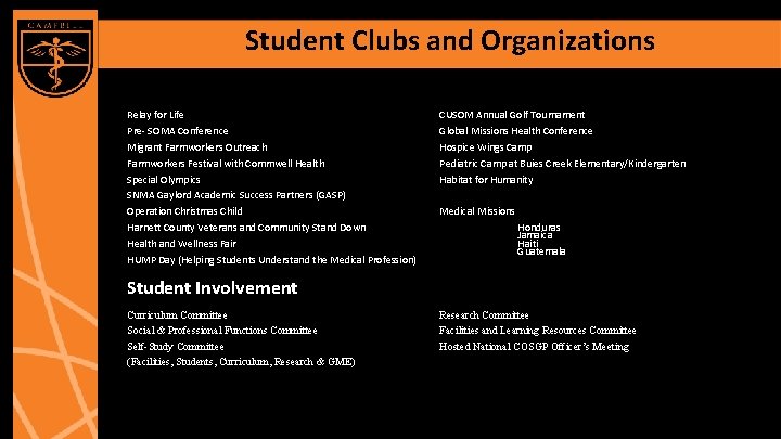 Student Clubs and Organizations Relay for Life Pre- SOMA Conference Migrant Farmworkers Outreach Farmworkers