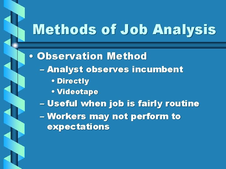 Methods of Job Analysis • Observation Method – Analyst observes incumbent • Directly •