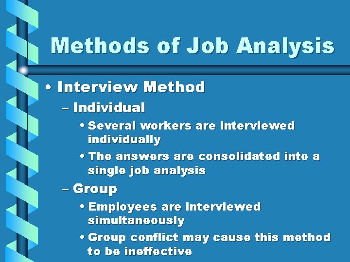 Methods of Job Analysis • Interview Method – Individual • Several workers are interviewed