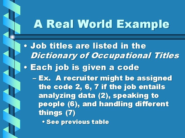 A Real World Example • Job titles are listed in the Dictionary of Occupational