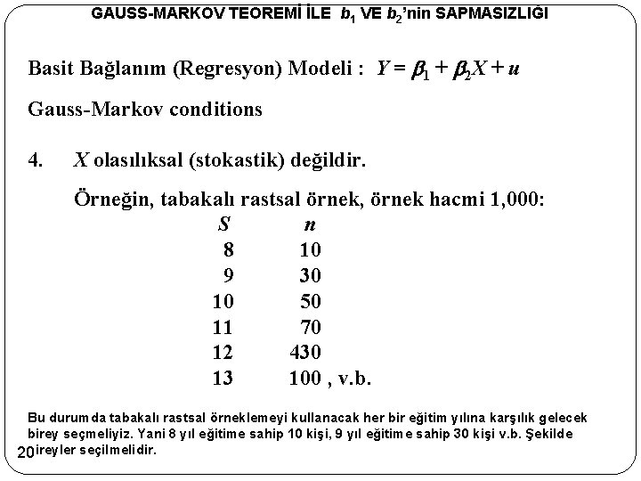 GAUSS-MARKOV TEOREMİ İLE b 1 VE b 2’nin SAPMASIZLIĞI Basit Bağlanım (Regresyon) Modeli :