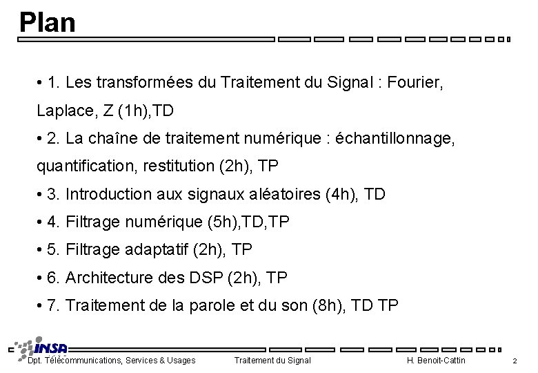 Plan • 1. Les transformées du Traitement du Signal : Fourier, Laplace, Z (1