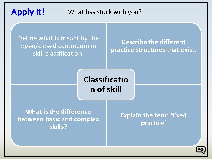 Apply it! What has stuck with you? Define what is meant by the open/closed