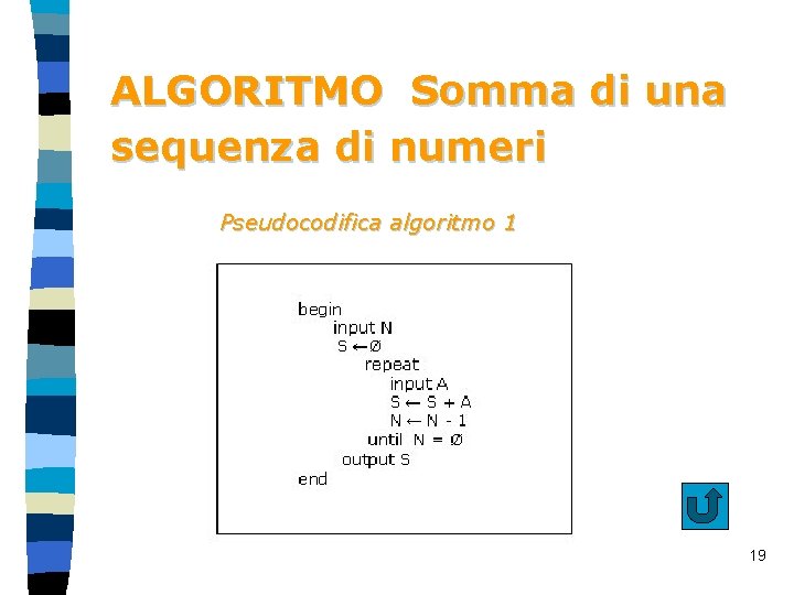  ALGORITMO Somma di una sequenza di numeri Pseudocodifica algoritmo 1 19 