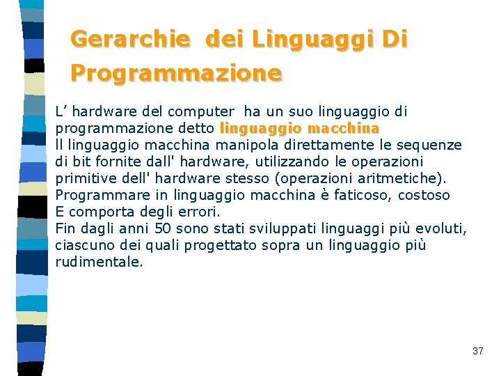 Gerarchie dei Linguaggi Di Programmazione L’ hardware del computer ha un suo linguaggio di