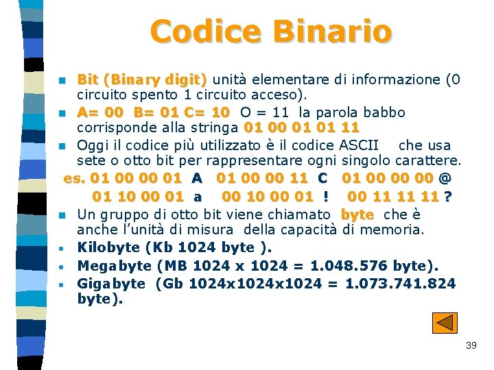 Codice Binario Bit (Binary digit) unità elementare di informazione (0 circuito spento 1 circuito