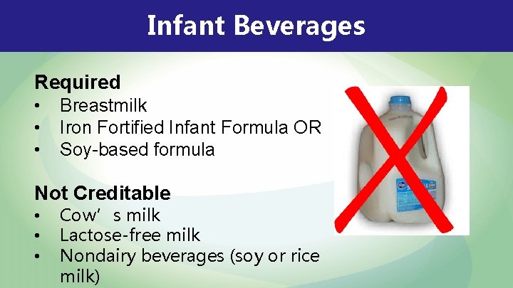Infant Beverages Required • • • Breastmilk Iron Fortified Infant Formula OR Soy-based formula