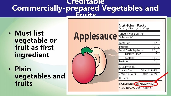 Creditable Commercially-prepared Vegetables and Fruits • Must list vegetable or fruit as first ingredient