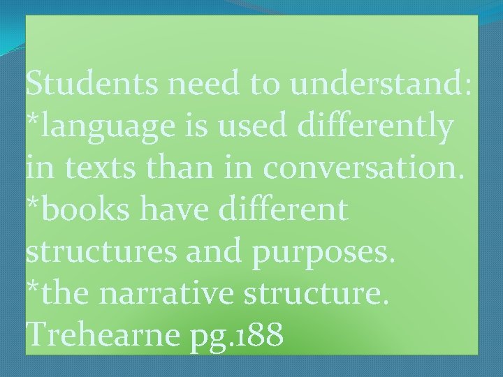 Students need to understand: *language is used differently in texts than in conversation. *books