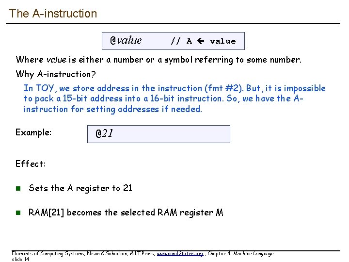 The A-instruction @value // A value Where value is either a number or a The A-instruction @value // A value Where value is either a number or a