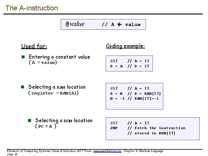 The A-instruction @value Used for: n Entering a constant value ( A = value) The A-instruction @value Used for: n Entering a constant value ( A = value)