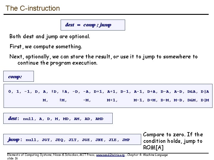 The C-instruction dest = comp ; jump Both dest and jump are optional. First, The C-instruction dest = comp ; jump Both dest and jump are optional. First,