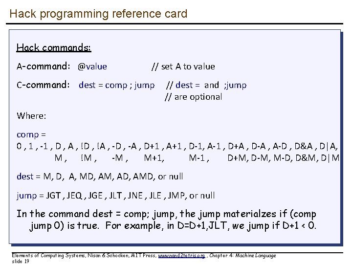 Hack programming reference card Hack commands: A-command: @value // set A to value C-command: Hack programming reference card Hack commands: A-command: @value // set A to value C-command: