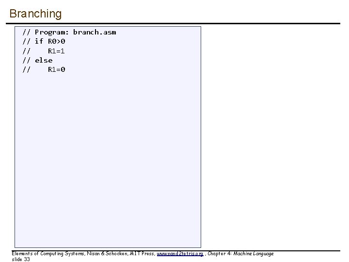 Branching // Program: branch. asm // if R 0>0 // R 1=1 // else Branching // Program: branch. asm // if R 0>0 // R 1=1 // else