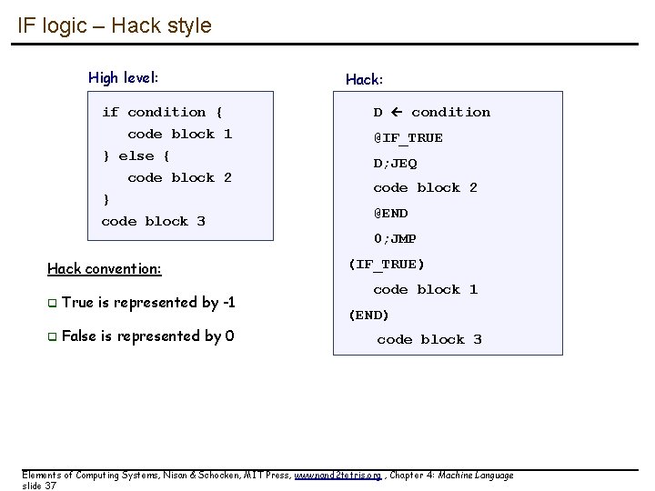 IF logic – Hack style High level: Hack: if condition { D condition code IF logic – Hack style High level: Hack: if condition { D condition code