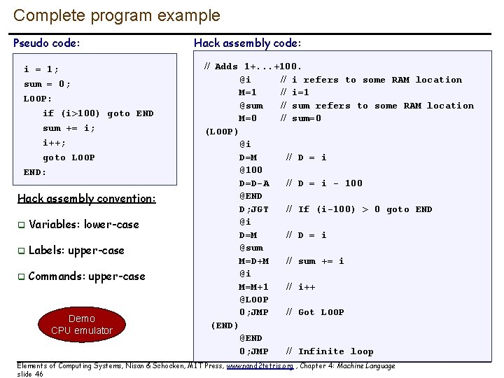 Complete program example Pseudo code: i = 1; sum = 0; LOOP: if (i>100) Complete program example Pseudo code: i = 1; sum = 0; LOOP: if (i>100)