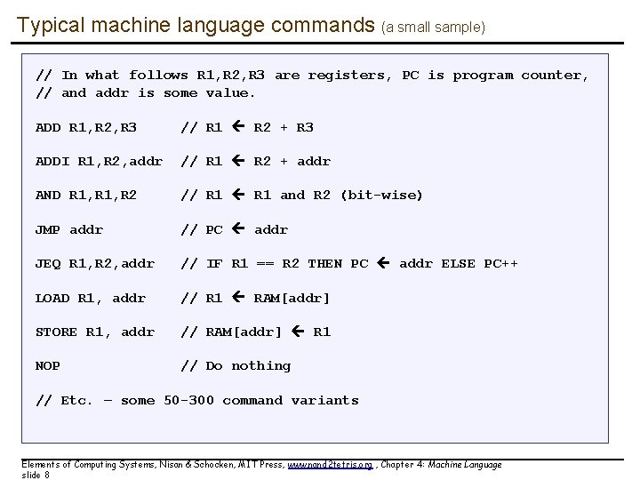 Typical machine language commands (a small sample) // In what follows R 1, R Typical machine language commands (a small sample) // In what follows R 1, R