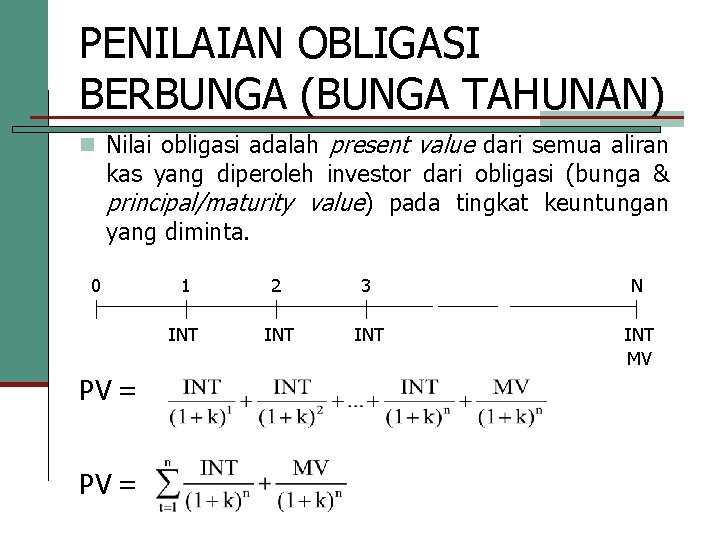 PENILAIAN OBLIGASI BERBUNGA (BUNGA TAHUNAN) n Nilai obligasi adalah present value dari semua aliran