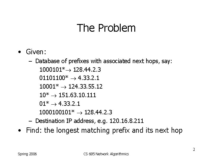 The Problem • Given: – Database of prefixes with associated next hops, say: 1000101*