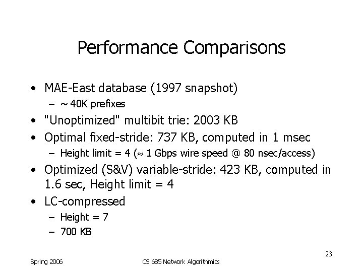 Performance Comparisons • MAE-East database (1997 snapshot) – ~ 40 K prefixes • "Unoptimized"