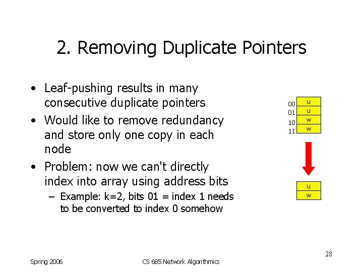 2. Removing Duplicate Pointers • Leaf-pushing results in many consecutive duplicate pointers • Would