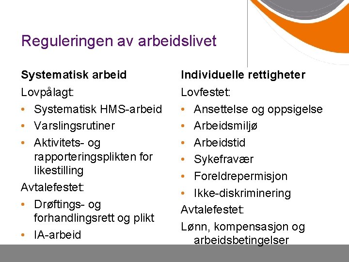Reguleringen av arbeidslivet Systematisk arbeid Individuelle rettigheter Lovpålagt: • Systematisk HMS-arbeid • Varslingsrutiner •