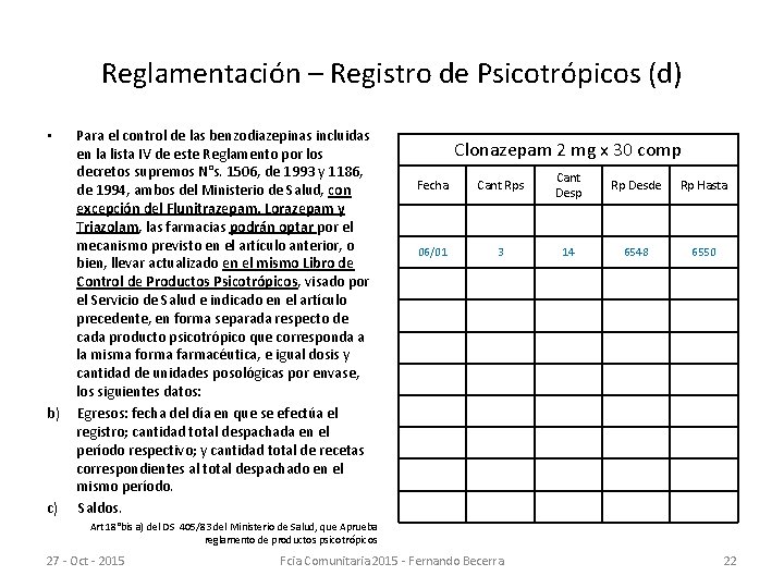 Reglamentación – Registro de Psicotrópicos (d) Para el control de las benzodiazepinas incluidas en