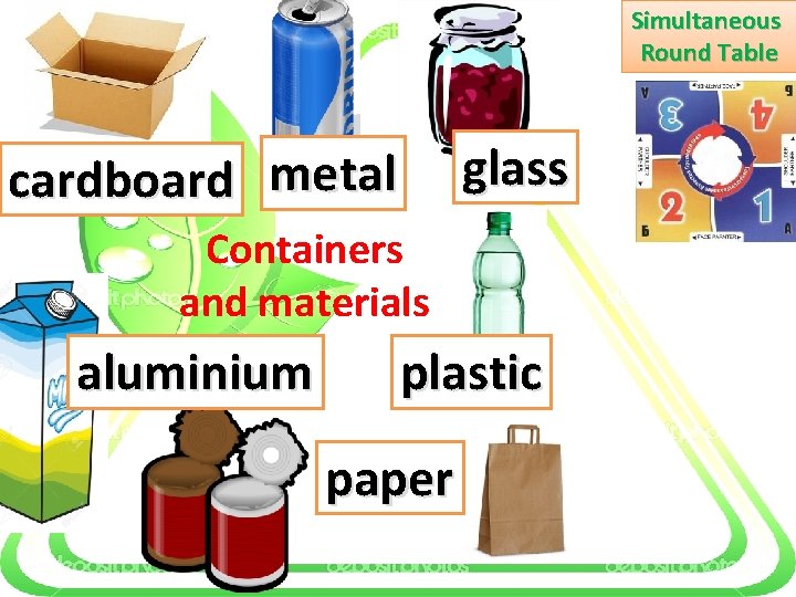 Simultaneous Round Table glass cardboard metal Containers and materials aluminium plastic paper 