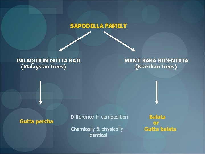 SAPODILLA FAMILY PALAQUIUM GUTTA BAIL (Malaysian trees) Gutta percha MANILKARA BIDENTATA (Brazilian trees) Difference