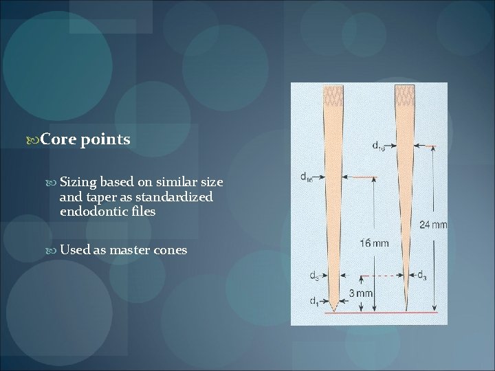  Core points Sizing based on similar size and taper as standardized endodontic files