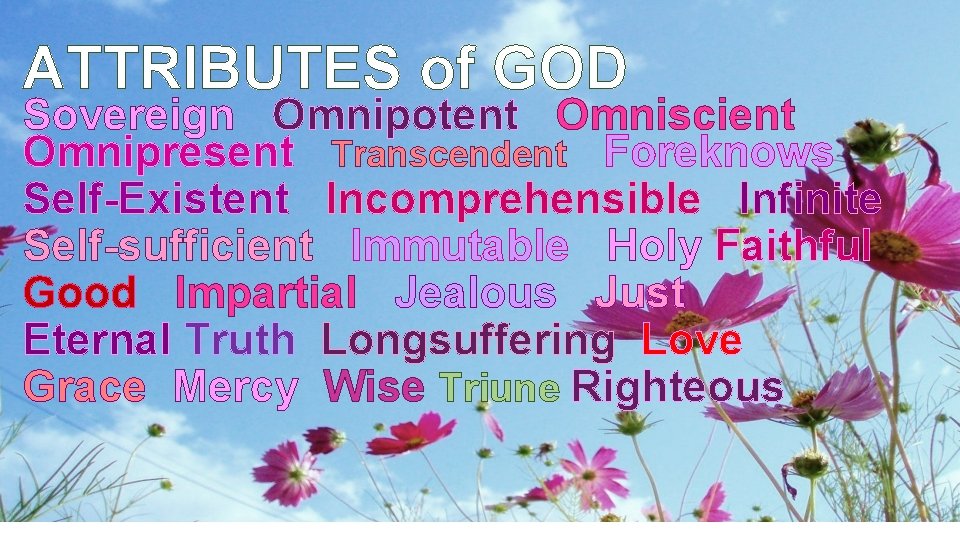 ATTRIBUTES of GOD Sovereign Omnipotent Omniscient Omnipresent Transcendent Foreknows Self-Existent Incomprehensible Infinite Self-sufficient Immutable