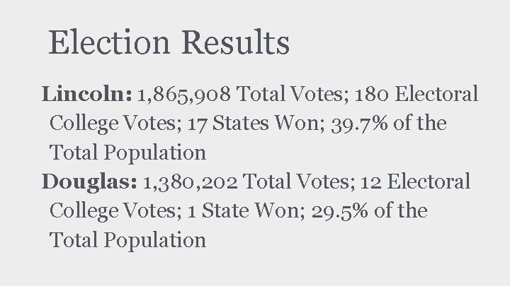 Election Results Lincoln: 1, 865, 908 Total Votes; 180 Electoral College Votes; 17 States