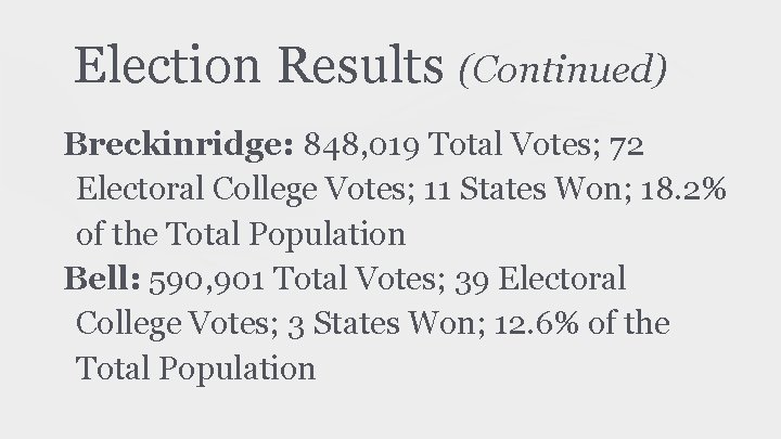 Election Results (Continued) Breckinridge: 848, 019 Total Votes; 72 Electoral College Votes; 11 States