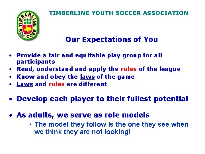 TIMBERLINE YOUTH SOCCER ASSOCIATION Our Expectations of You • Provide a fair and equitable