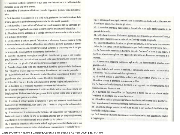Laura D’Odorico Rosalinda Cassibba, Osservare per educare, Carocci, 2006, pag. 113, 114 