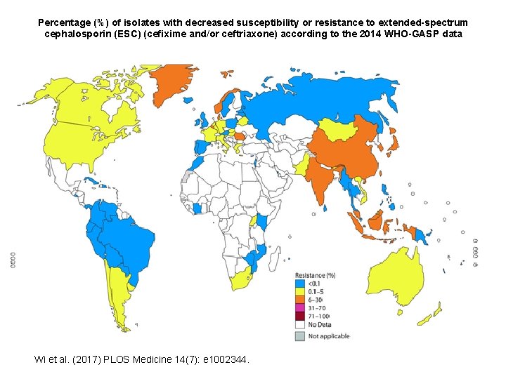 Percentage (%) of isolates with decreased susceptibility or resistance to extended-spectrum cephalosporin (ESC) (cefixime