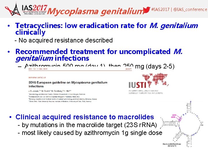 Mycoplasma genitalium #IAS 2017 | @IAS_conference • Tetracyclines: low eradication rate for M. genitalium