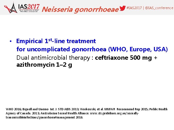 Neisseria gonorrhoeae #IAS 2017 | @IAS_conference • Empirical 1 st-line treatment for uncomplicated gonorrhoea