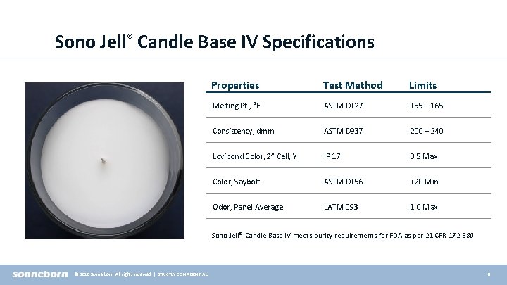 Sono Jell® Candle Base IV Specifications Properties Test Method Limits Melting Pt. , °F