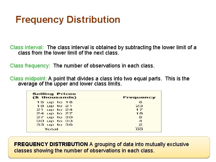 Frequency Distribution Class interval: The class interval is obtained by subtracting the lower limit Frequency Distribution Class interval: The class interval is obtained by subtracting the lower limit