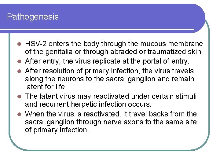 Pathogenesis l l l HSV-2 enters the body through the mucous membrane of the Pathogenesis l l l HSV-2 enters the body through the mucous membrane of the