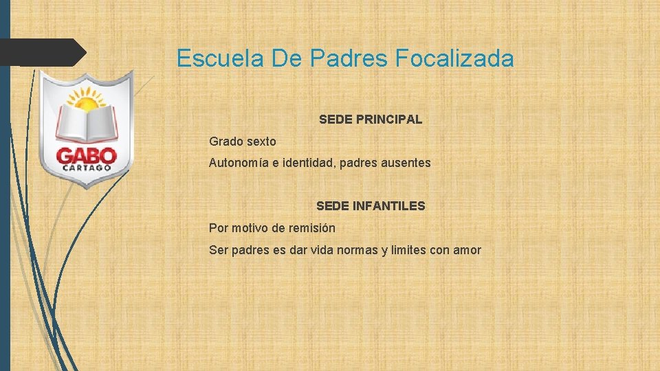 Escuela De Padres Focalizada SEDE PRINCIPAL Grado sexto Autonomía e identidad, padres ausentes SEDE